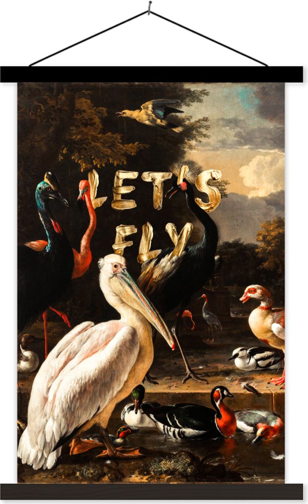 MuchoWow Textilposter Ein Pelikan und andere Vögel in der Nähe eines Wasserbeckens - Melchior d'Hondecoeter 40x60 cm mit schwarzem Rahmen - Wan...