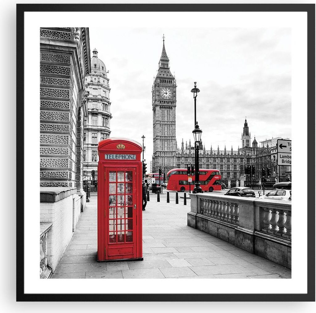 Gerahmtes Poster - Schwarzer Rahmen - Schuppen Telefon London - 60x60 cm - Wand Bild - Wanddeko - Wandbilder - Wandposter - Bilderrahmen - Bilder -...
