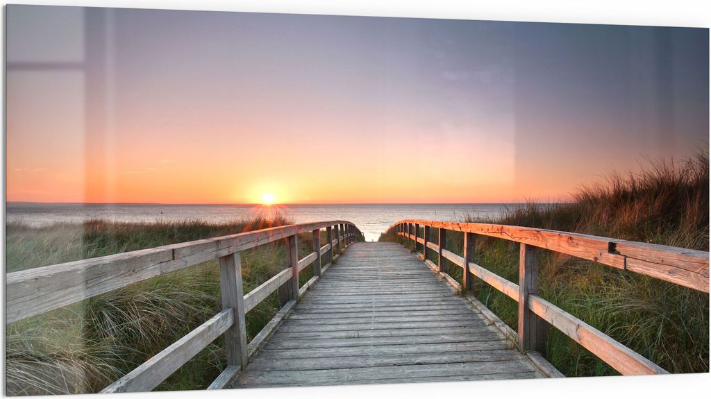 DEQORI Küchenrückwand Glas 100x50 cm 'Strandpfad in Abendsonne' Spritzschutz Bad Rückwand