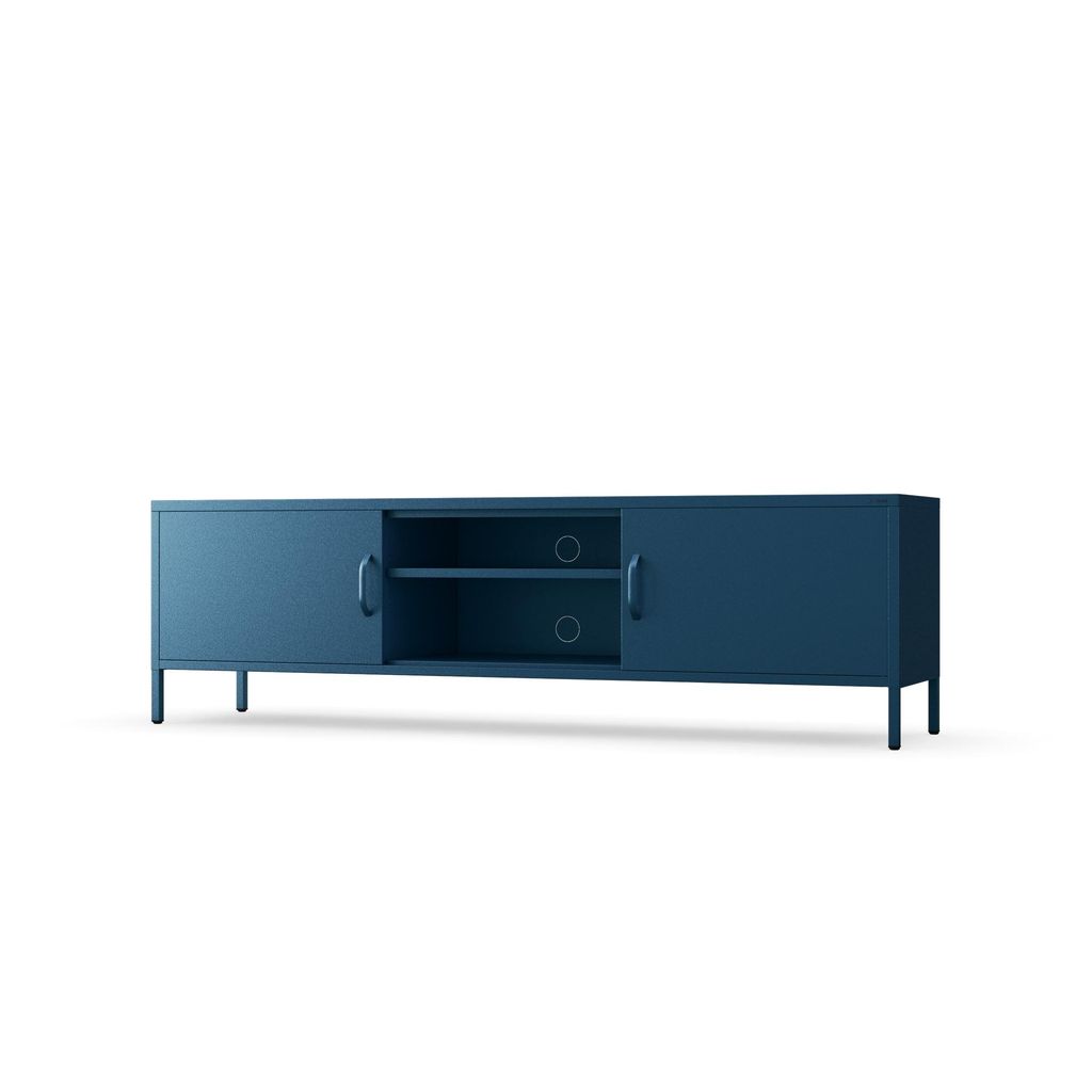 A dark blue metal TV stand with two doors and an open compartment in the middle, presented on a white background.