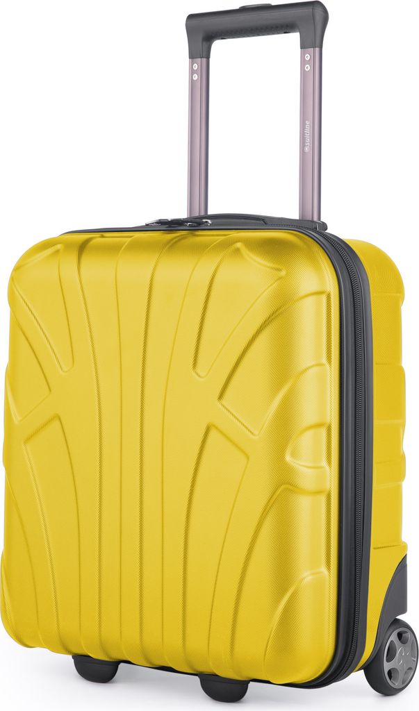 A yellow suitcase with a retractable handle and wheels, shown against a white background.