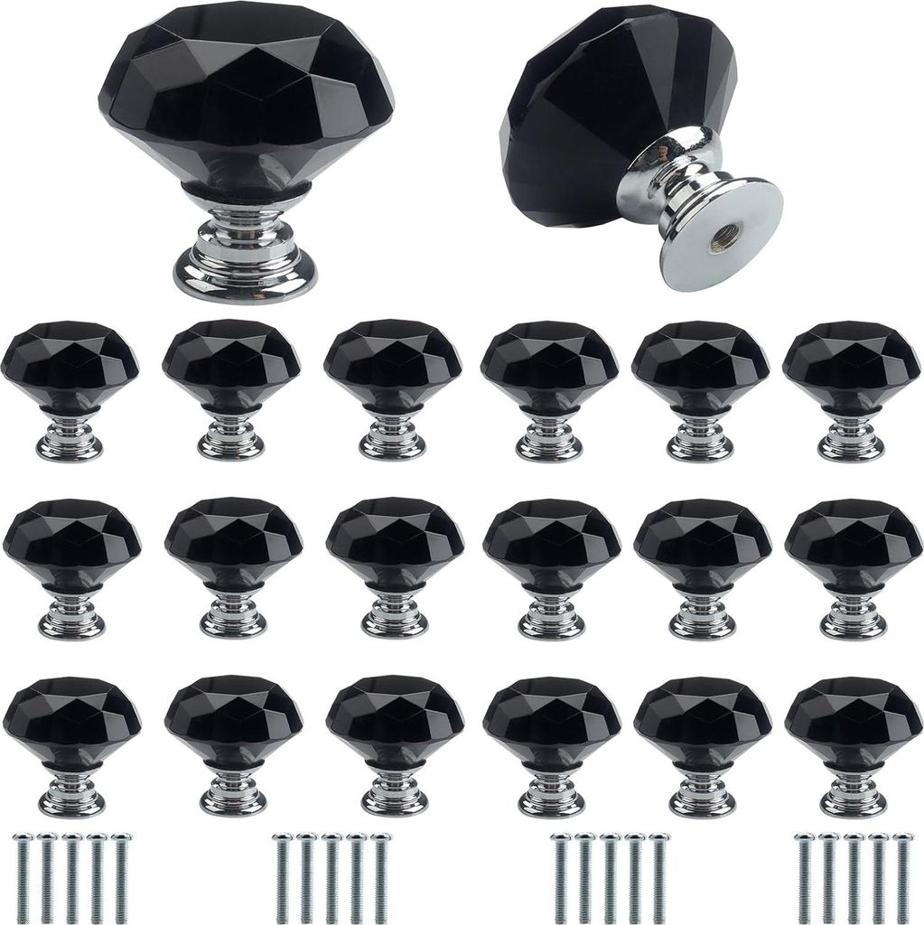 Roellgs 20-teiliges 30mm schwarzes Kristallglas-Diamant-Türgriffset mit Schrauben, hochwertiger leichter Luxusgriff für Kleiderschrank, Schublade...