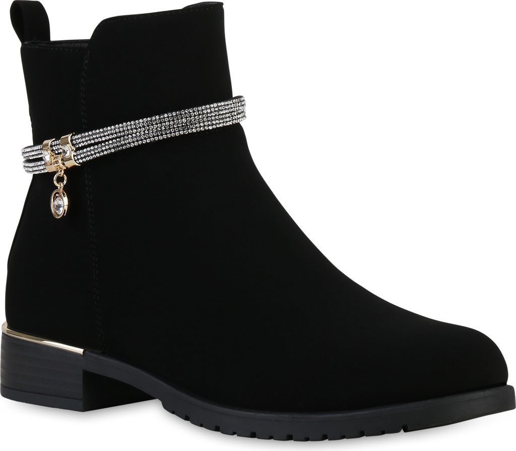 A single black ankle boot with decorative embellishments.