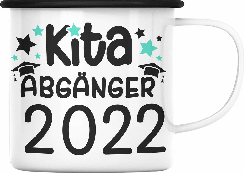 Trendation - Kita Abgänger 2022 Schulstart Emaille Tasse Geschenk Jungen Mädchen Einschulung Schulanfang Erster Schultag (Schwarz)