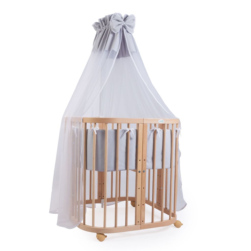 Mobiles Babybett aus Holz 7in1 mit Matratze, mitwachsend,Stoffe grau,Holz natur