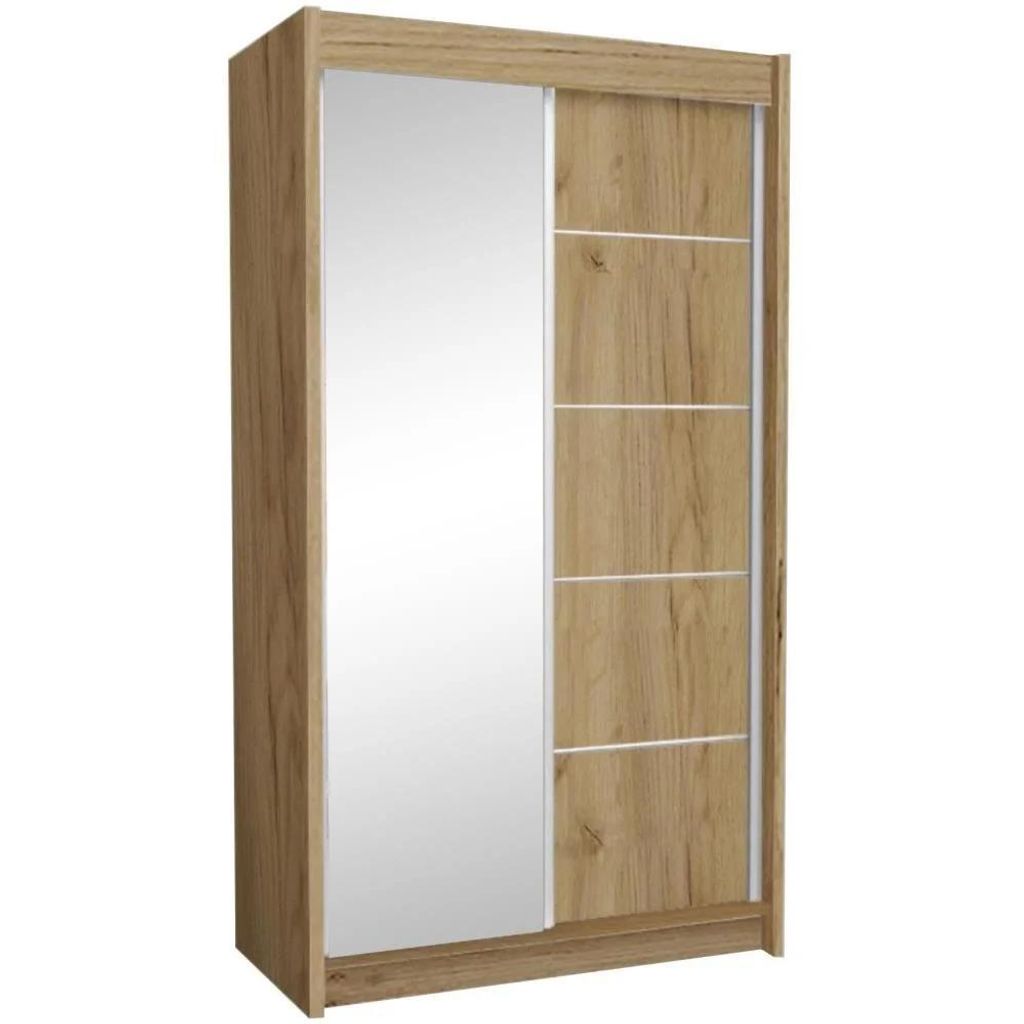 Schwebetürenschrank MARIKA 120 cm – Kleiderschrank mit 2 Schubkasteneinsätze, Spiegel & Schiebetüren (Eiche Artisan)