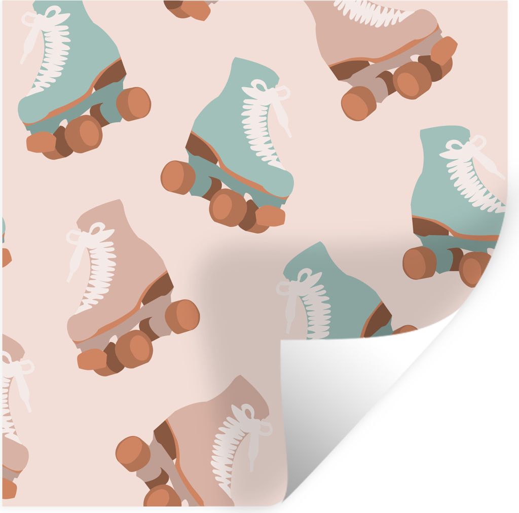 MuchoWow Wandtattoo Wandsticker Wandaufkleber Sommer - Rollerblades - Blau - Rosa 100x100 cm Selbstklebend und Repositionierbar - Wierderverwendb...
