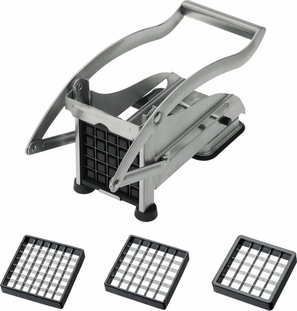 Taglierina per patatine fritte Westmark e taglierina per verdure/frutta con tre inserti per coltelli e timbro, inserti di taglio in acciaio inox, Pomfri-Perfect, argento, 11812260