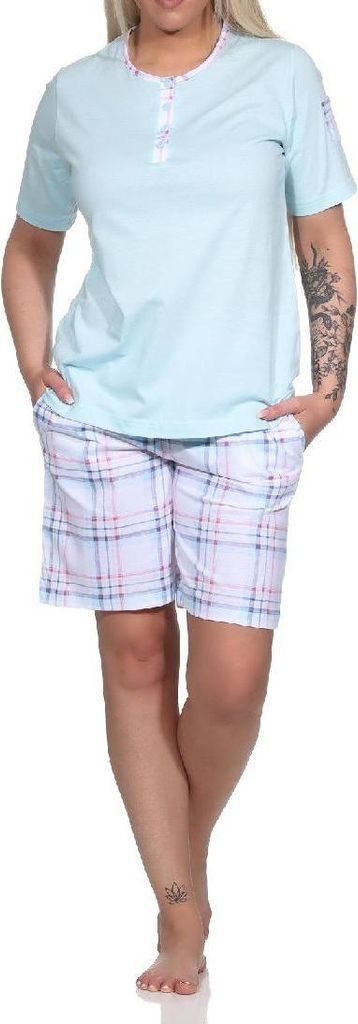 Edler Damen kurzarm Schlafanzug Shorty mit karierter Hose aus Jersey - auch in Übergrössen ; hellblau , 36