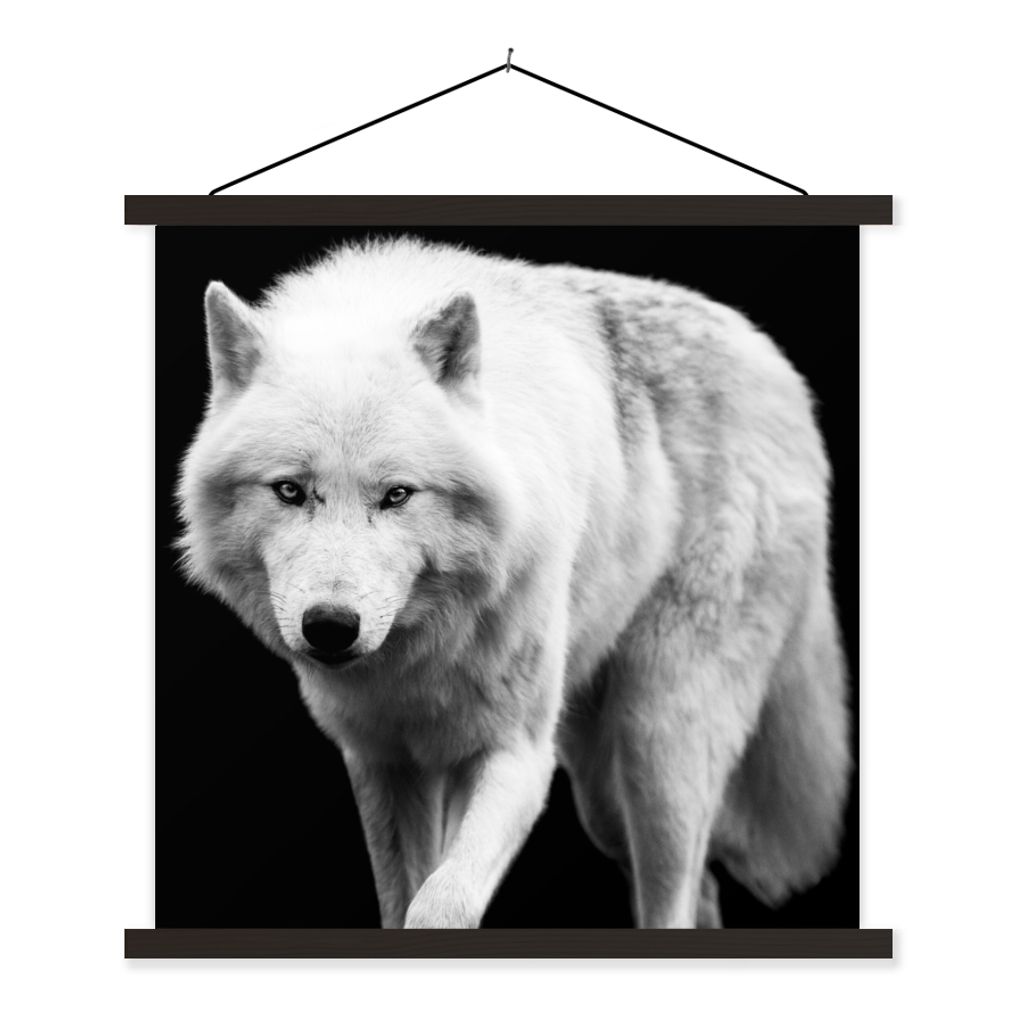 MuchoWow Textilposter Wolf - Tier - Schwarz - Weiß 120x120 cm mit schwarzem Rahmen - Aufhängungsset