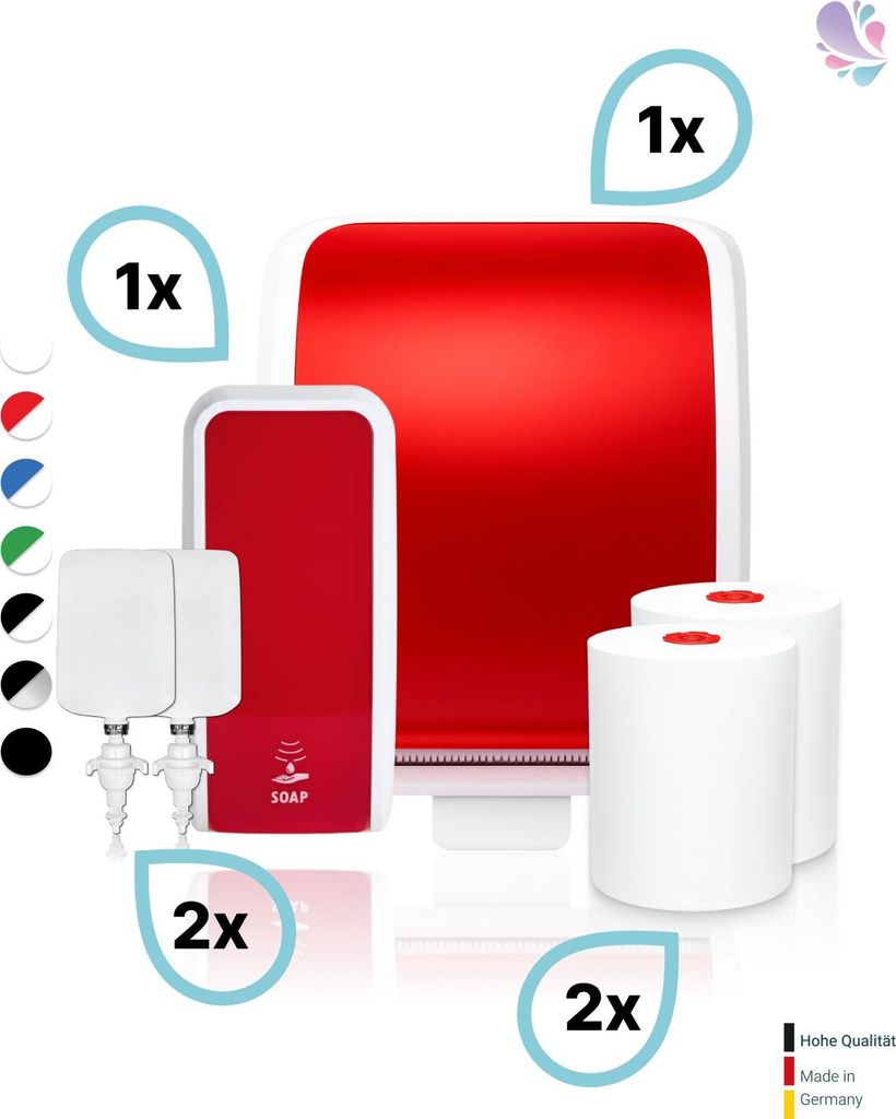 KOMPLETT-SET Waschraum: Handtuchrollenspender AUTOCUT + 2 TAD Handtuchrollen + Schaumseifenspender SENSOR + 2 Kartuschen : Farbe - Rot / Weiß Farb...
