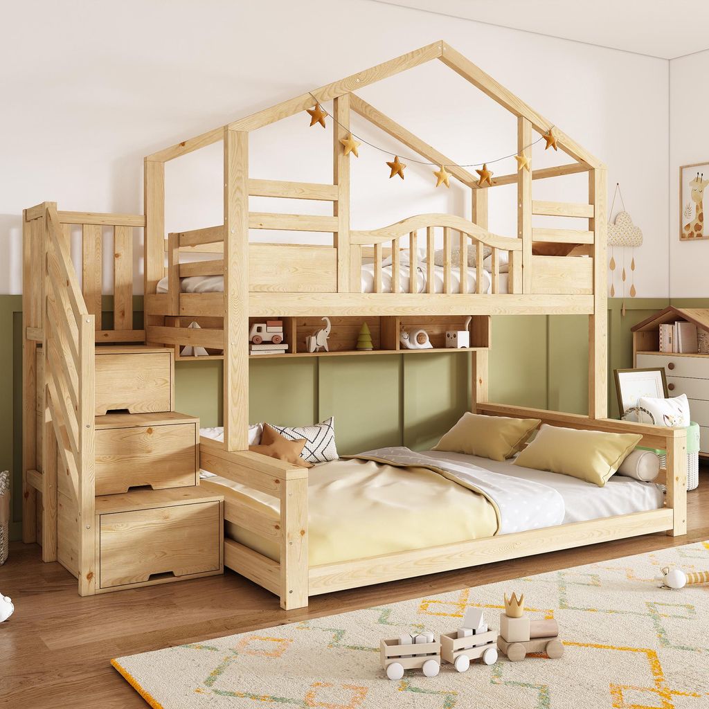 Flieks Etagenbett 90x200cm/140x200cm mit Regal, Kinderbett Hausbett mit Treppe, Hochbett für 2-3 Kinder, Stockbett Holzbett Naturbelassen