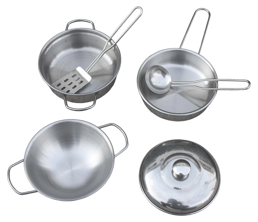 AXI 6-teiliges Spielzeug Kochset aus Metall | Inklusive Topf, Pfanne mit Deckel und Schüsse, Mit Löffel und Spatel - für Spielküche, Matschküc...