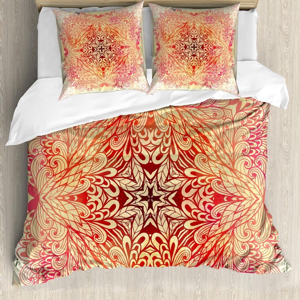 ABAKUHAUS Mandala Bettbezug Set, Hand gezeichnete Gekritzel-Art-Blumen-Wirbel-Efeu im quadratischen Form-Bild, 200 x 200 cm + 80 x 80 cm, Weiß Gel...