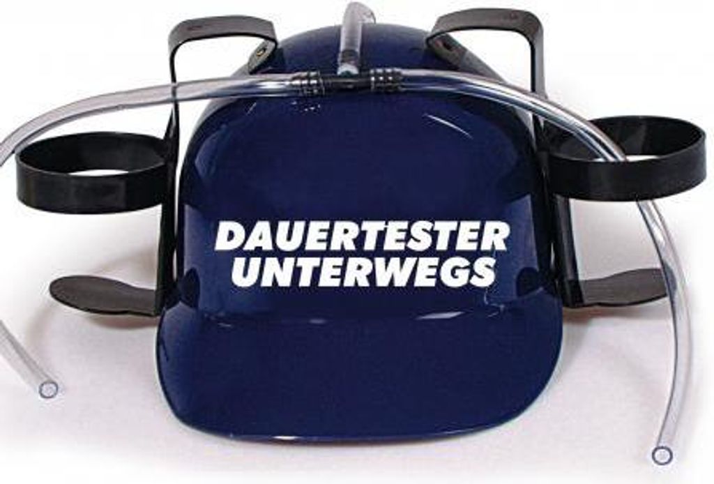 Trinkhelm Spaßhelm mit Printmotiv - Dauertester Unterwegs - 51633 Color - blau