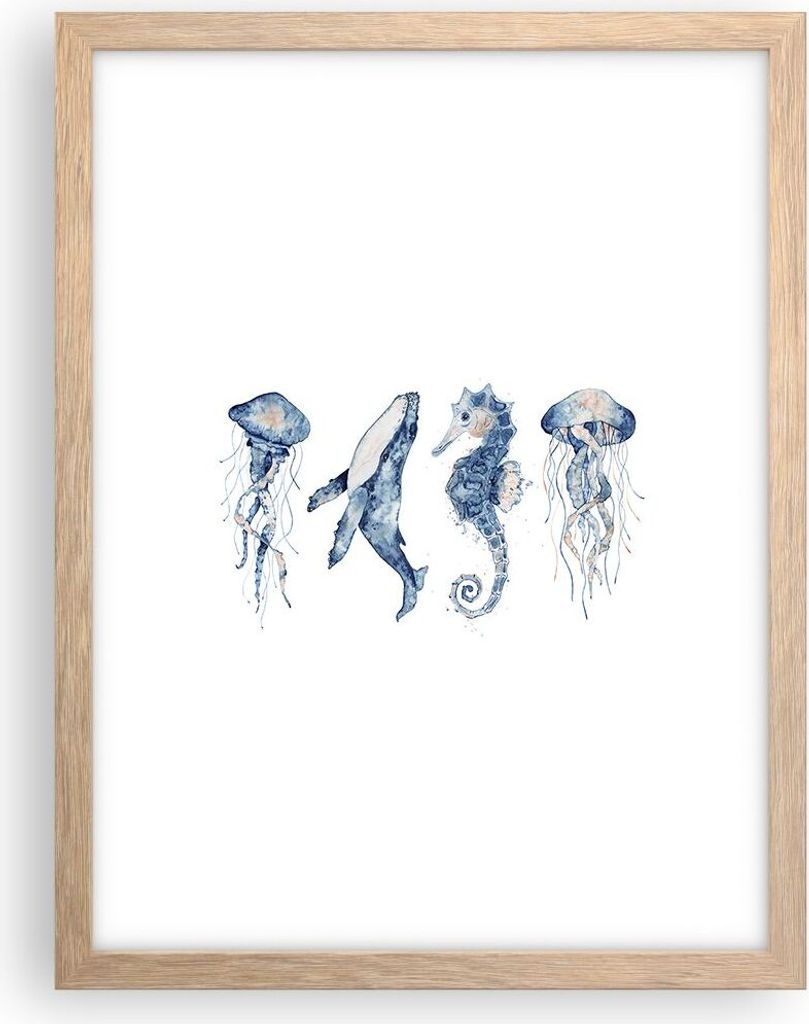 Gerahmtes Poster - Rahmen in heller Eiche - Tiere Marine Kinder - 30x40 cm - Wand Bild - Wanddeko - Wandbilder - Wandposter - Bilderrahmen - Bilder...