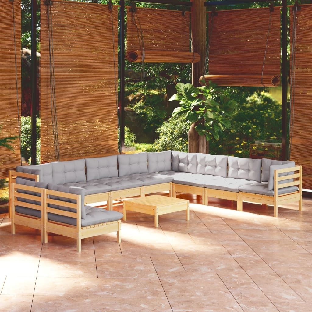 The Living Store 11-tlg. Garten-Lounge-Set mit Grauen Kissen Massivholz Kiefer