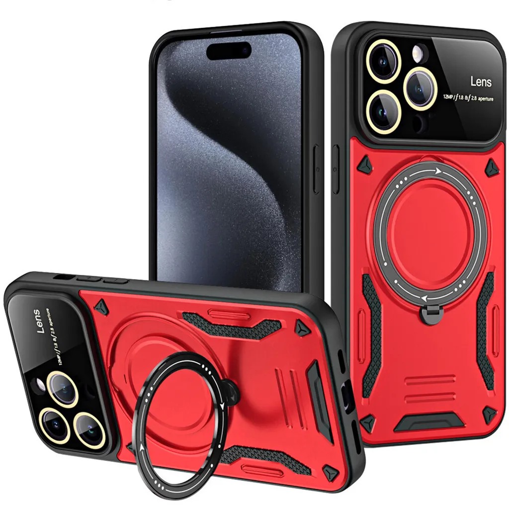 Odolné pouzdro pro iPhone 15 Pro Max Dual-Layer Magnetic Ring Holder Stand Magsafe Case červené