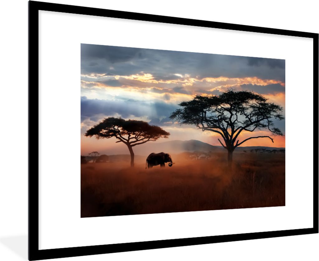MuchoWow MuchoWow Gerahmtes Poster Elefant - Baum - Berg - Afrika 90x60 cm - Poster mit zchwarzem Bilderrahmen - Wanddekoration - Fotos