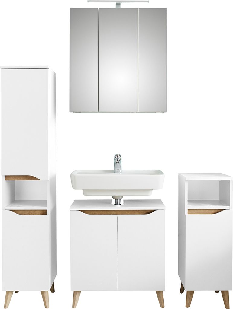 Badezimmer Möbel Set mit Füßen in QUEIMADOS-66 in Weiß Glanz mit Weiß Hochglanz, B/H/T ca. 125/200/33 cm