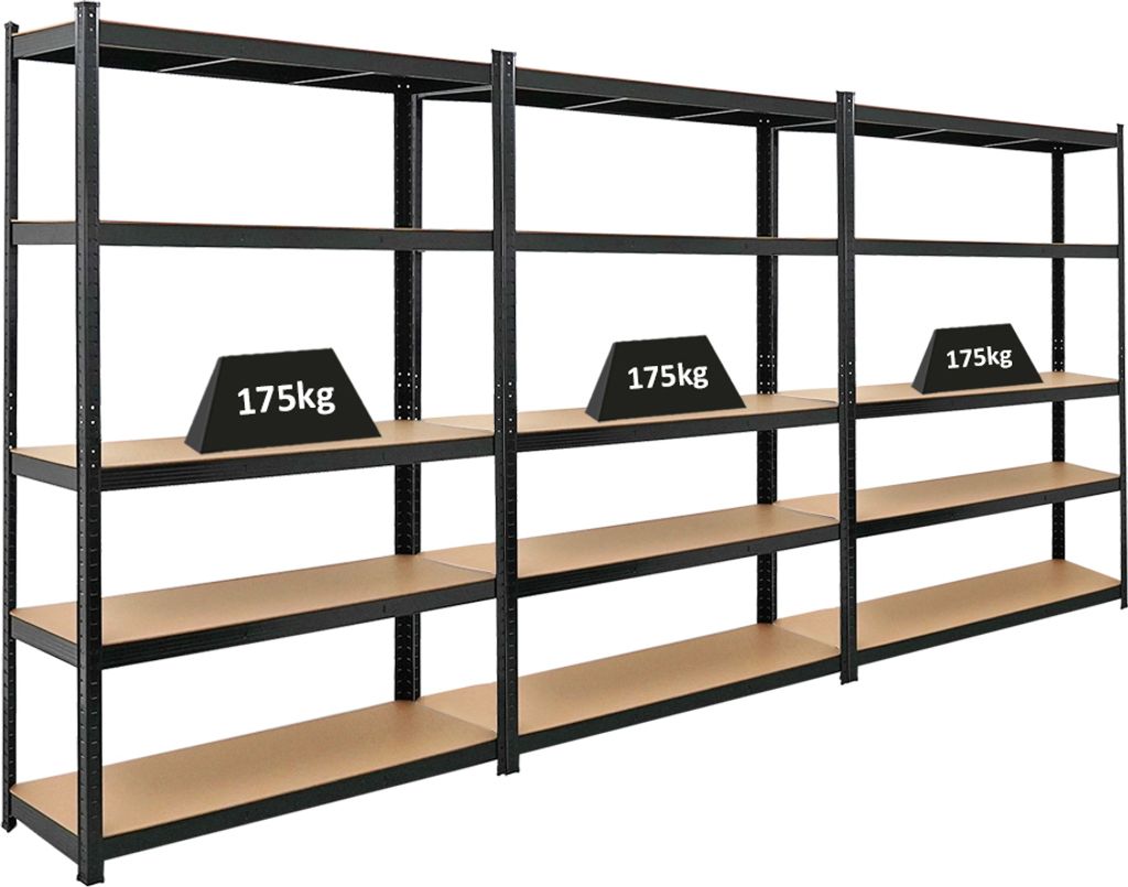 Mega Deal | 3x Schwerlastregal Ragnar | HxBxT 180x120x40cm | 5 MDF-Platten-Ebenen | Fachlast 175kg | Schwarz