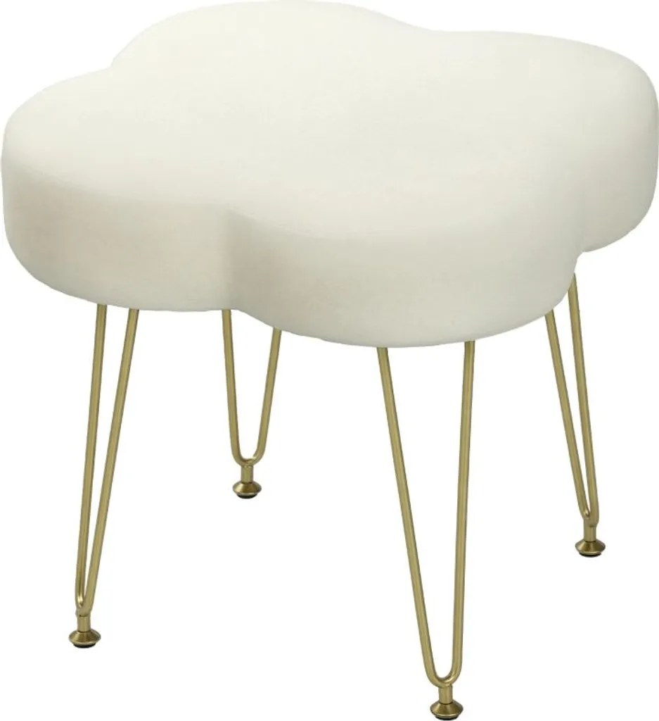 Pouf Rembourré Forme Trèfle en Tissu Blanc Crème et Pieds Acier Doré