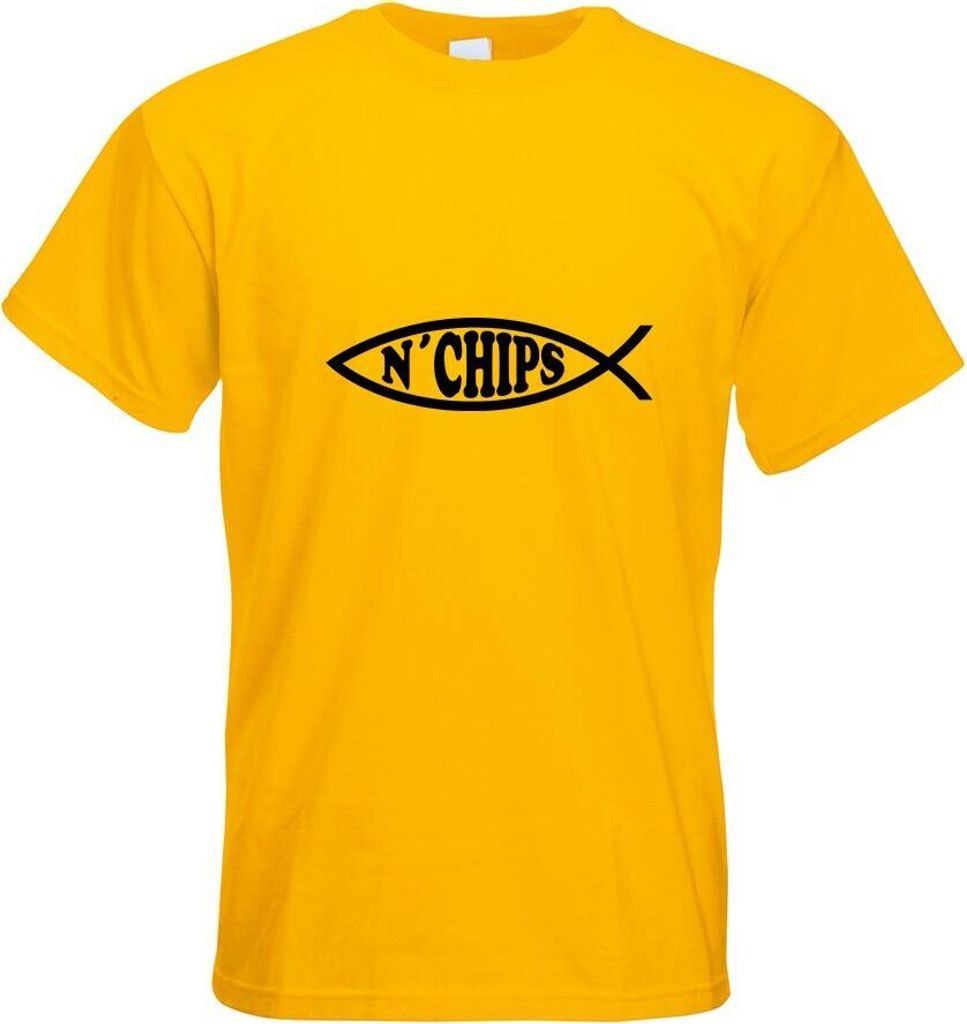 Kiwistar - T-Shirt - gelb - Fish N Chips Fisch Motiv Bedruckt Funshirt Design Print - mit Motiv Bedruckt - Funshirt Design - Sport - Freizeit - Her...