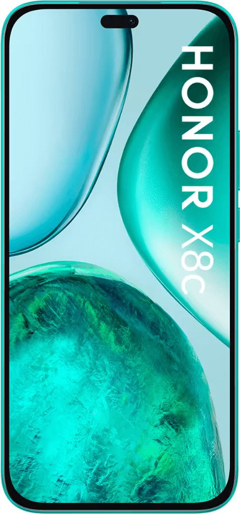 A close-up front view of a green Honor X8c smartphone with a stylized wallpaper.