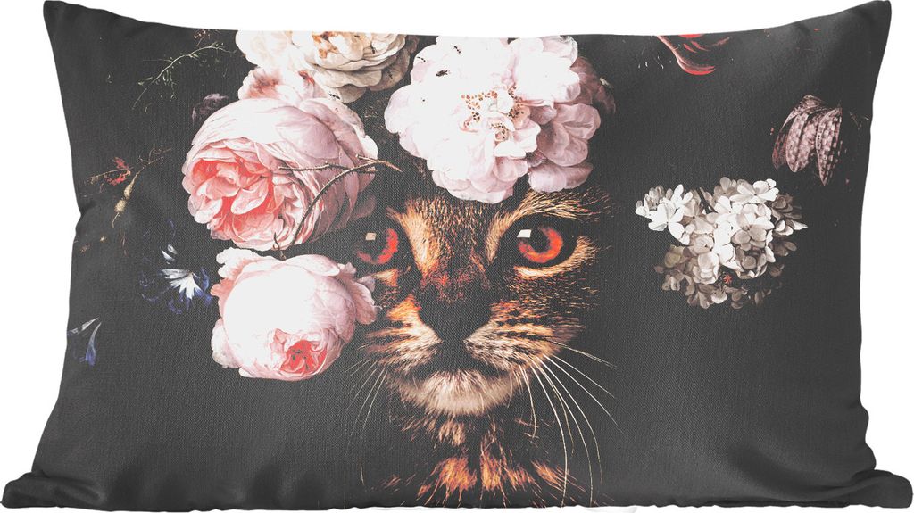 MuchoWow Zierkissen Sofakissen Wohnzimmer Dekokissen 50x30 cm Katze - Blumen - Kunst - Wohnzimmerdekoration - Polster mit Photo