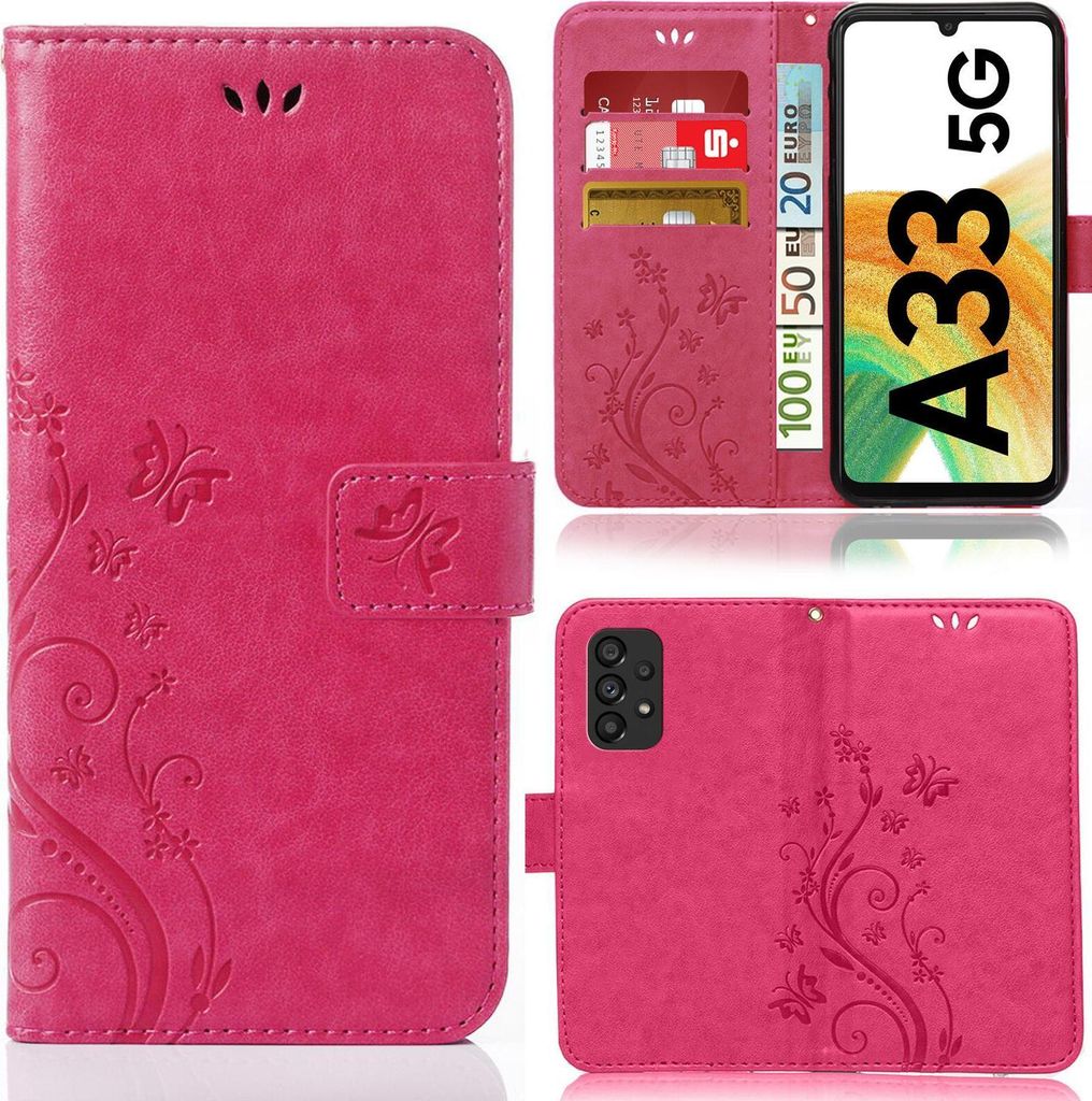 Collage of a pink phone case for a Samsung Galaxy A33 5G, showing different views and features.