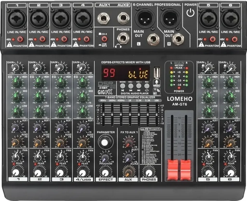 Console de mixage audio 6 canaux, égaliseur 7 bandes et port USB vers AUX