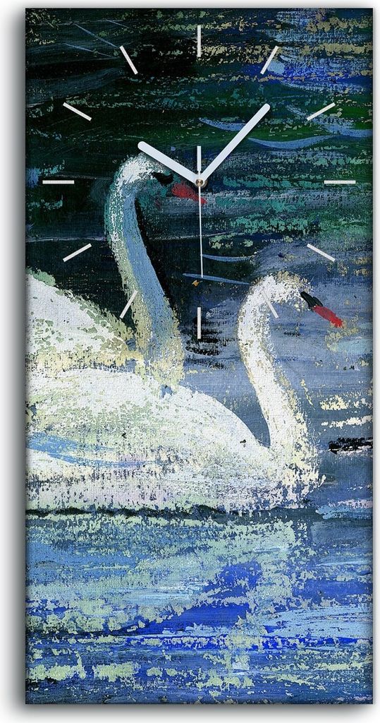 Leinwand Wanduhr Wandkunst Uhr 30x60 Gemälde See Tier Vögel Schwäne Wasser Kunst - weiße Hände