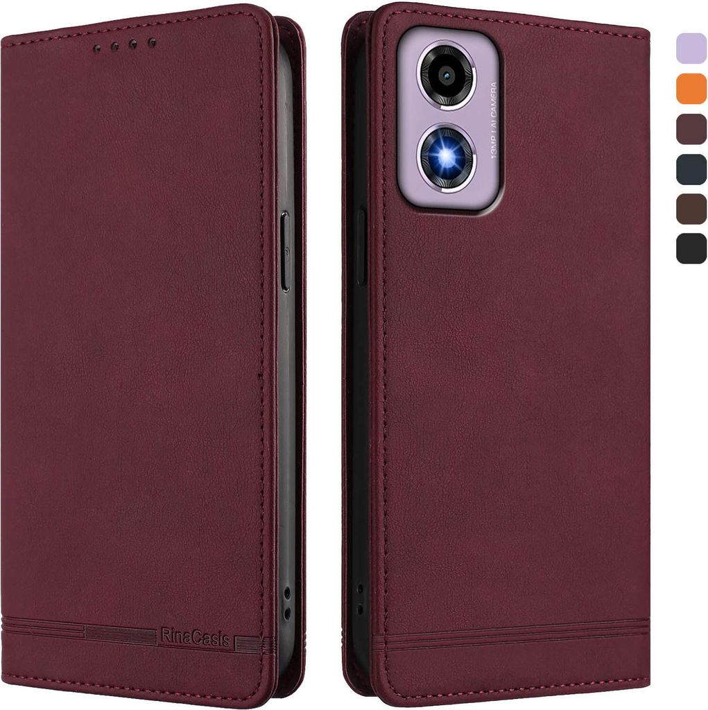 Hülle für Motorola Moto E14 / G04 / G04s / G24, Retro Kunstleder Ständer Klapphülle mit Kartenfächer und Magnetische Rot