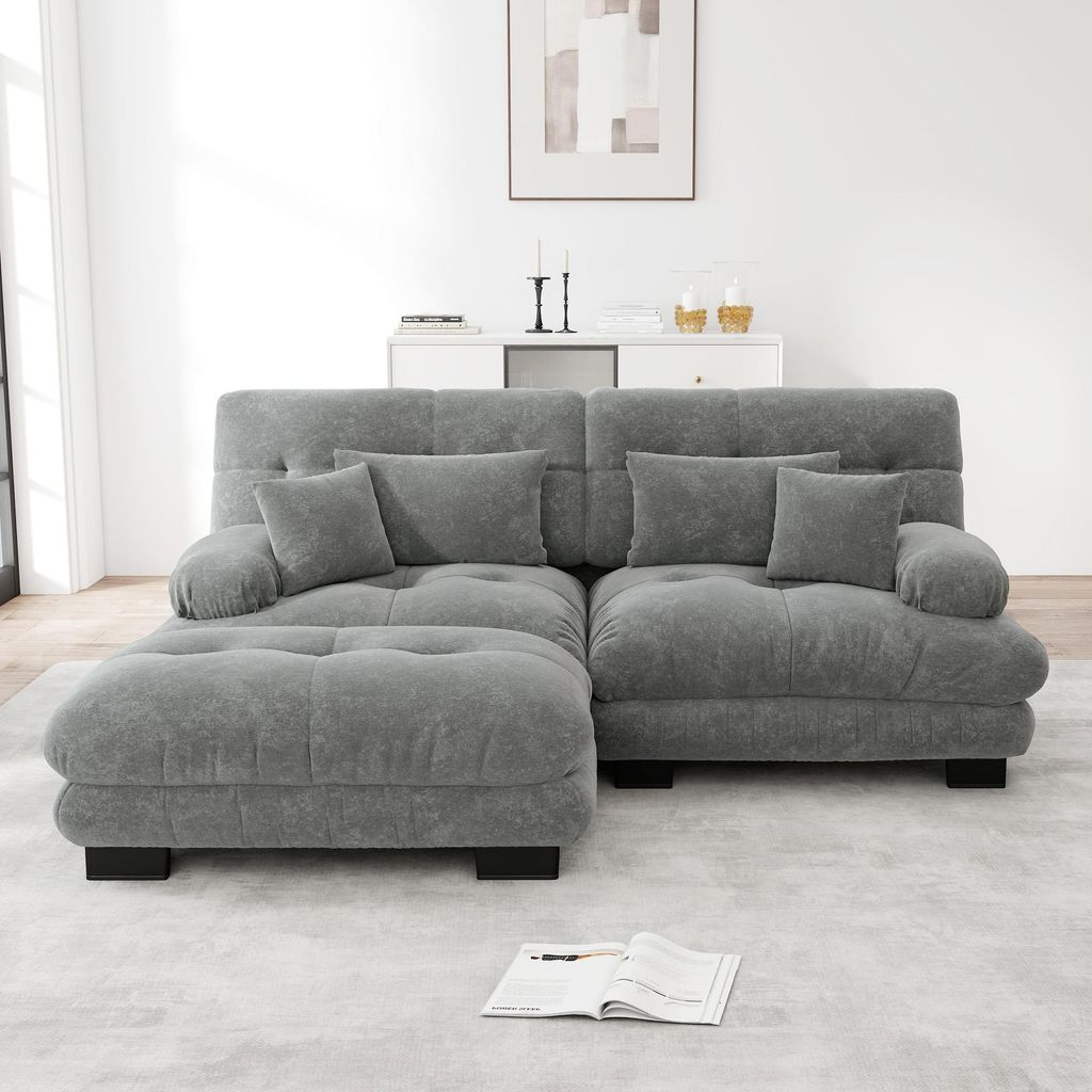 Sweiko Cloud Ecksofa für Wohnzimmer, Chenille Doppelsofa mit 2 Lendenkissen und 2 Dekokissen, Polstersofa mit breiten Armlehnen und Ottoman, Cheni...
