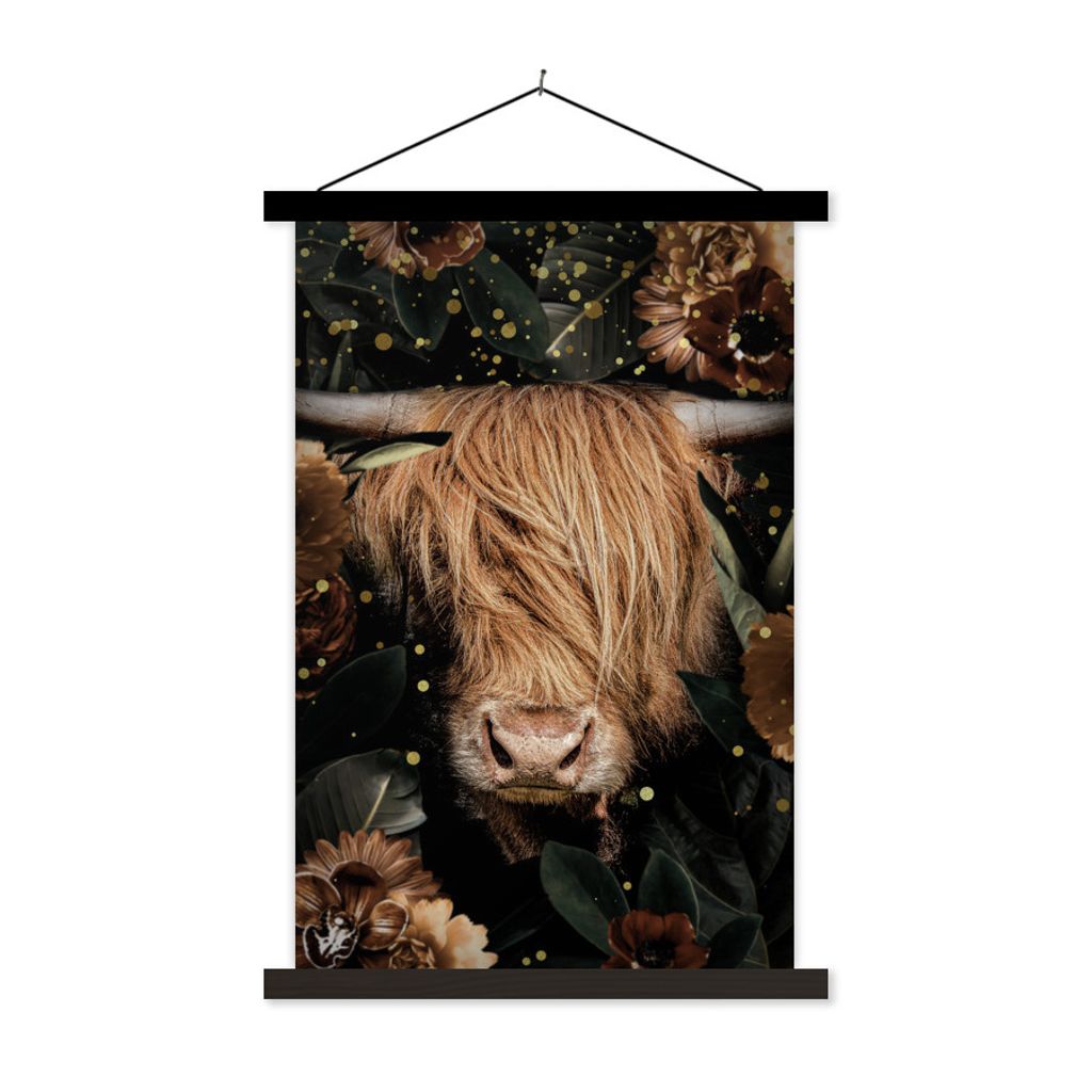 MuchoWow Textilposter Schottischer Highlander - Tiere - Blumen 60x90 cm mit schwarzem Rahmen - Poster Wohnzimmer