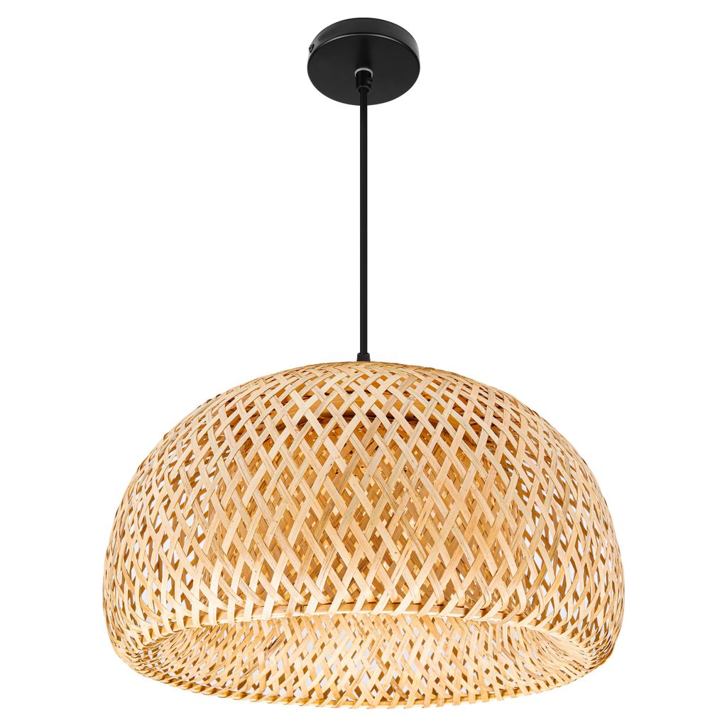 A pendant light with a woven bamboo shade and a black ceiling mount.
