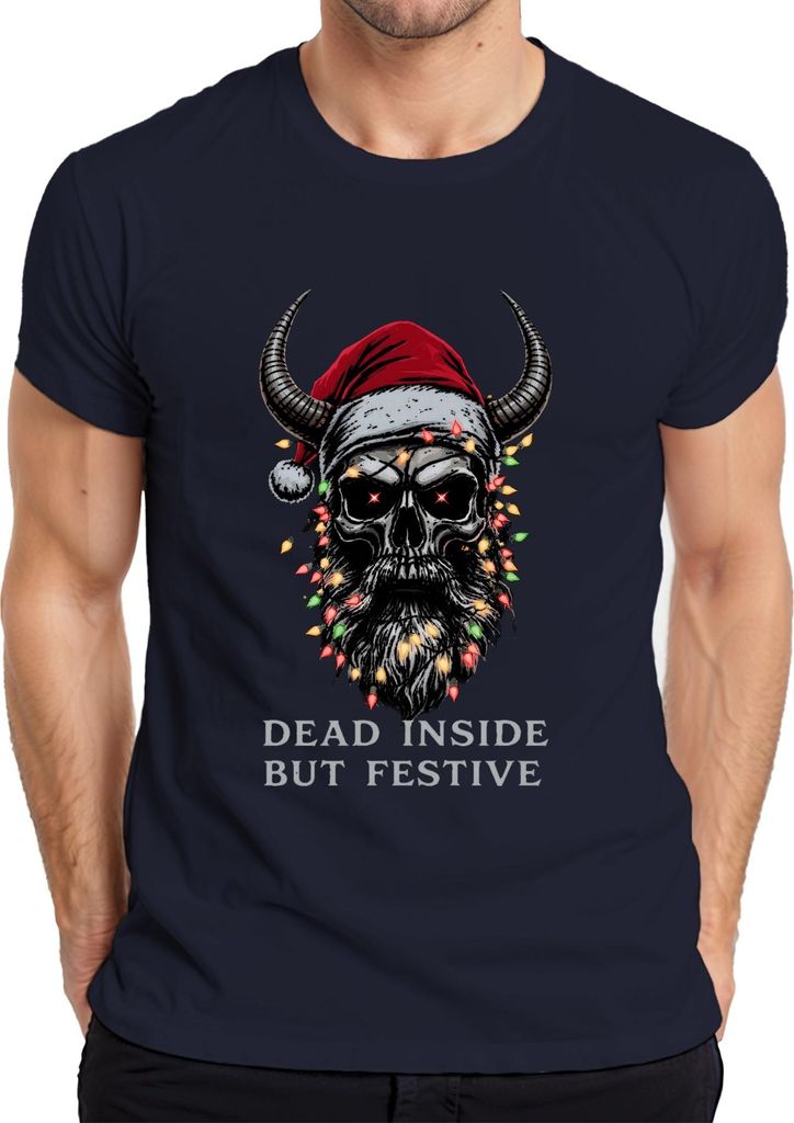 Dead Inside But Festive Totenkopf Hörner Lichter Bart Gothic Herren T-Shirt, Navy, XXL