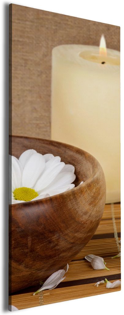 Wallario Premium Leinwandbild Stillleben - Kerzen und Blumenblüten in Holzschale in Größe 30 x 75 cm