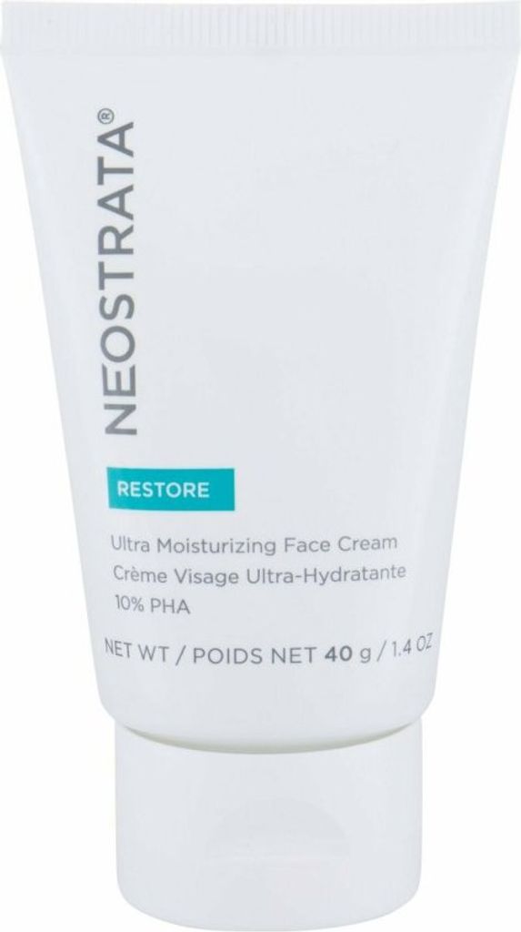 A white tube of Neostrata Restore Ultra Moisturizing Face Cream with teal and gray text.