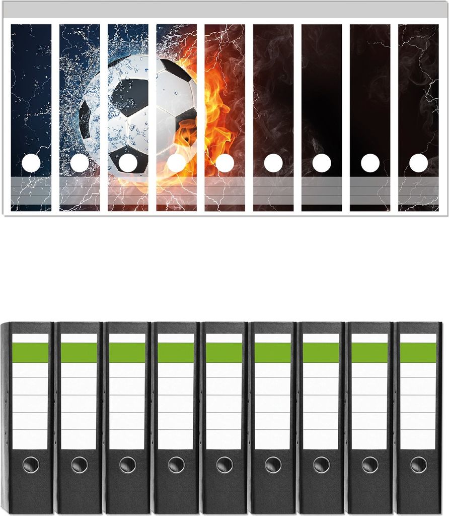 Wallario 9 Stück breite Ordner inkl. Klebeetiketten mit Motive Fußball - Feuer und Wasser - Set mit Rückenschildern / Ordnerrücken Stickern
