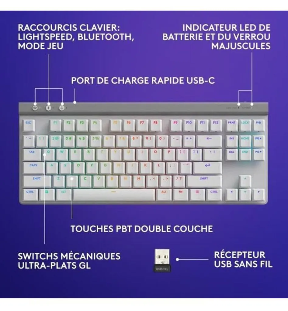Clavier Logitech G515 LIGHTSPEED TKL White Blanc Layout FR AZERTY Gaming - 7
