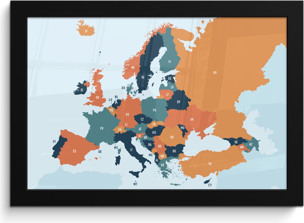 MuchoWow MuchoWow Gerahmtes Poster Karte - Europa - Orange 30x20 cm - Poster mit zchwarzem Bilderrahmen - Kunstdruck - Bild-Poster