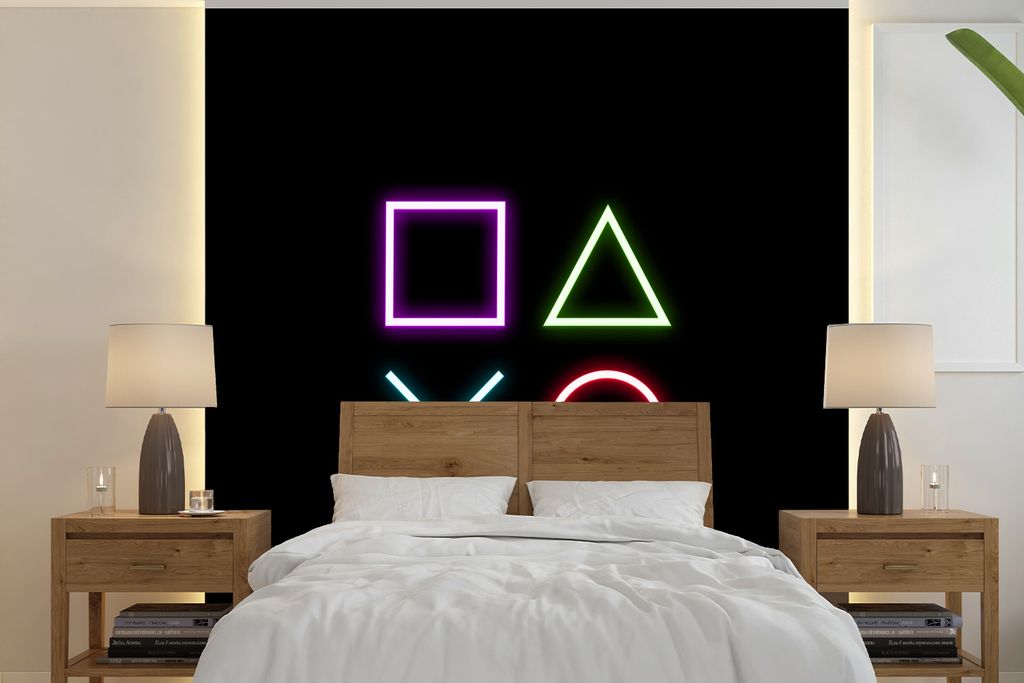 MuchoWow Fototapete für Wohnzimmer oder Schlafzimmer Wandtapete Vinyl Motivtapete Gaming - Neon - Konsole - Schwarz - Controller - Gaming - 350x...