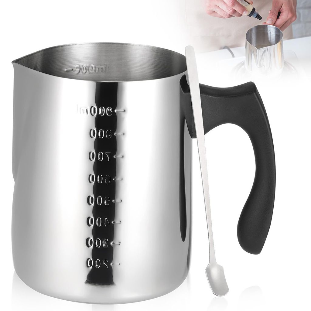 Messbecher, Messbecher aus Edelstahl, korrosionsbeständig und rostbeständig, 900 ml großes Fassungsvermögen, mit kleinem Löffel, 12 x 9 cm
