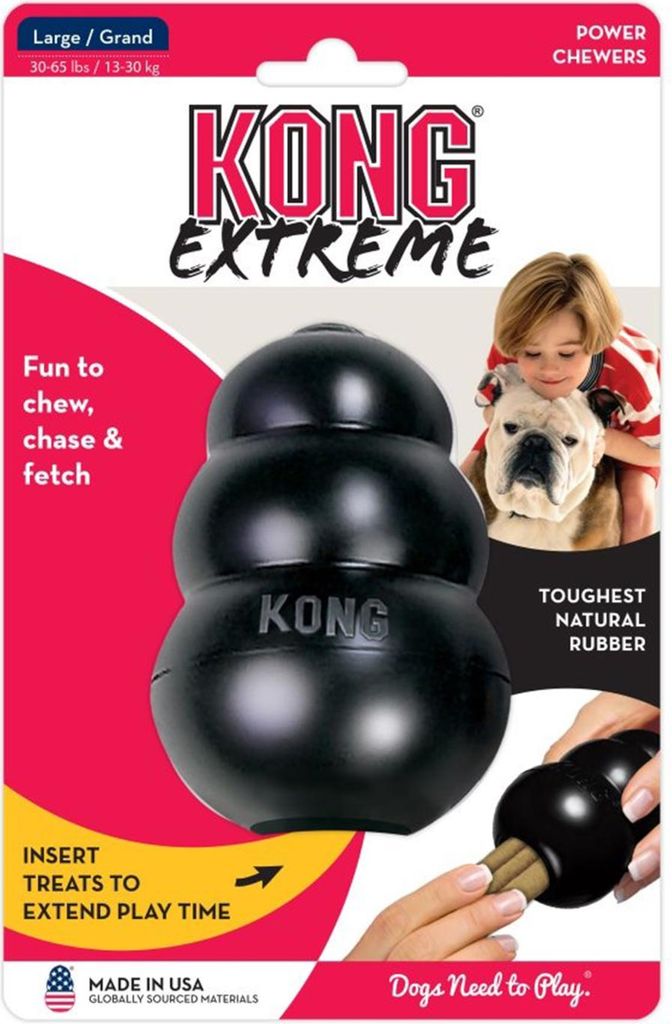 Packaging for a KONG Extreme dog toy, showing the toy, a child with a dog, and text describing its features.