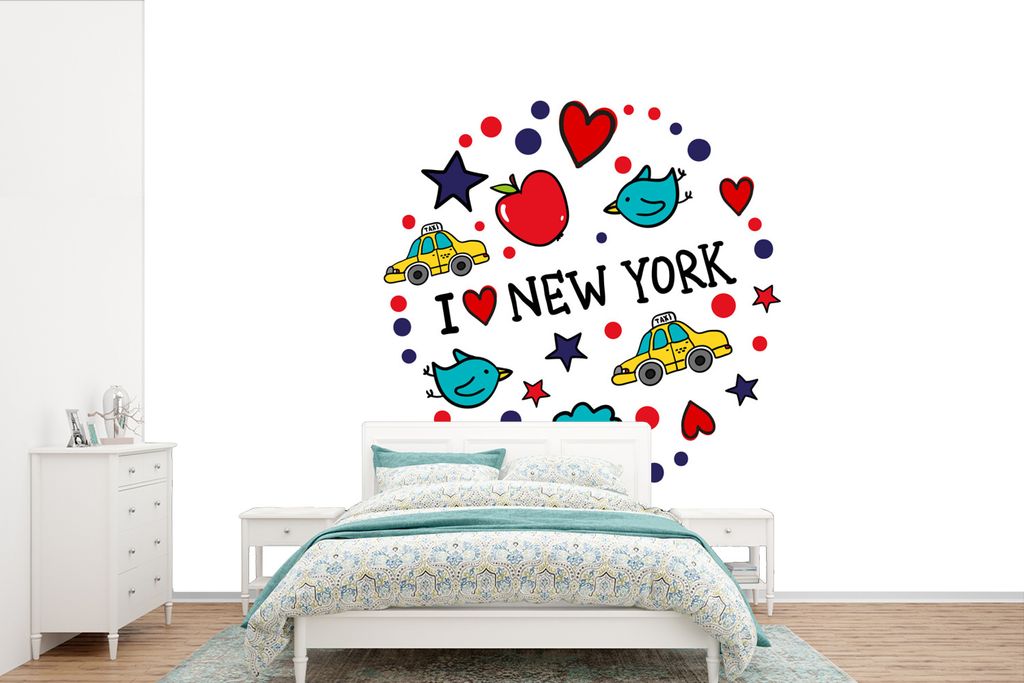 MuchoWow Fototapete für Wohnzimmer oder Schlafzimmer Wandtapete Vinyl Motivtapete New York - Vogel - Zeichnung - 600x400 cm - Vinyltapeten