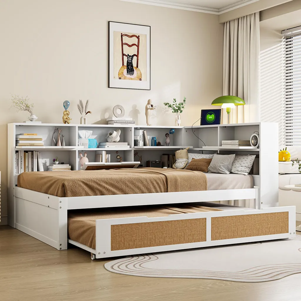 Lit gigogne 140x200 blanc avec rangements et prise USB pour chambre enfant