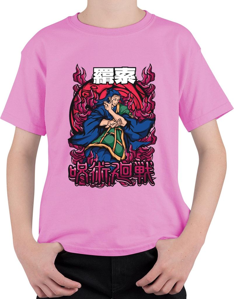 呪術廻戦 Anime Flammen Magier Japanisch Manga Anime Ästhetik Geschenk Uni Kinder T-Shirt, Pink, 152