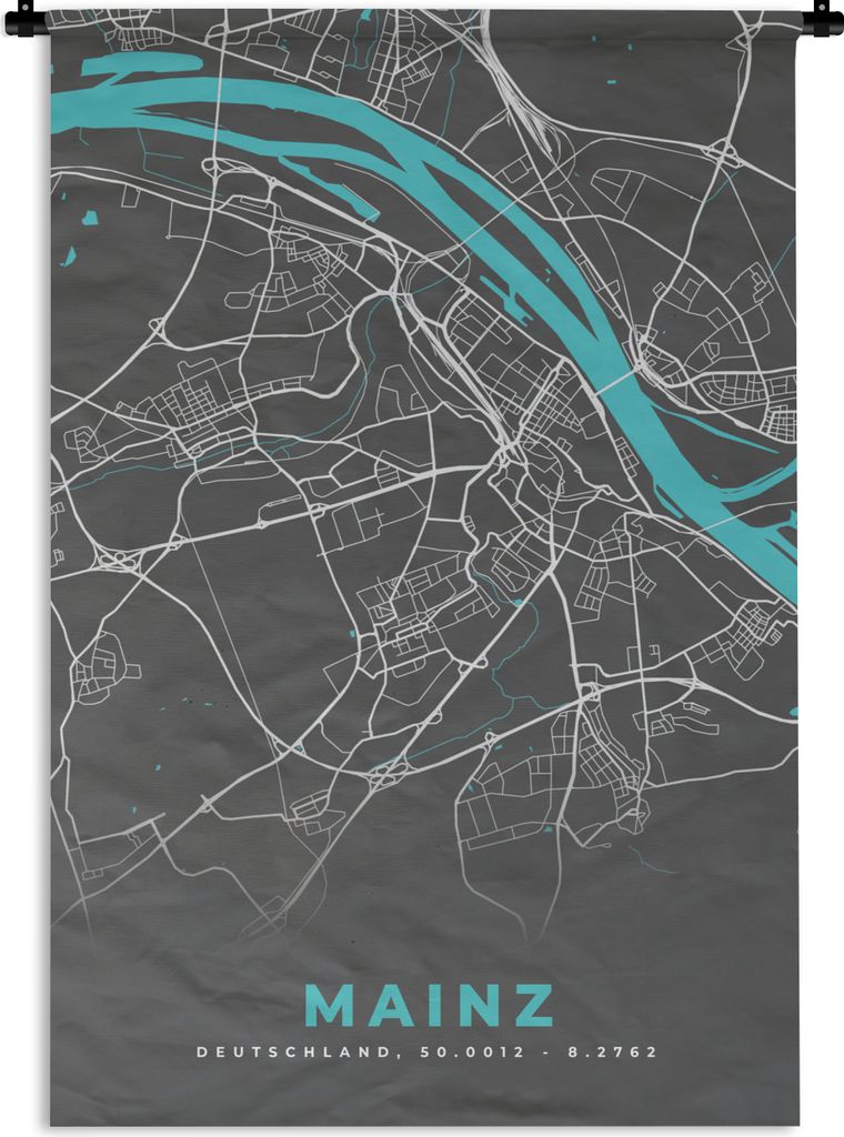 MuchoWow Wandteppich Wandbehang Stadtplan - Karte - Mainz - Blau - Deutschland - Karte 120x180 cm Tapisserie Dekoration Wandtuch - Schlafzimmer -...