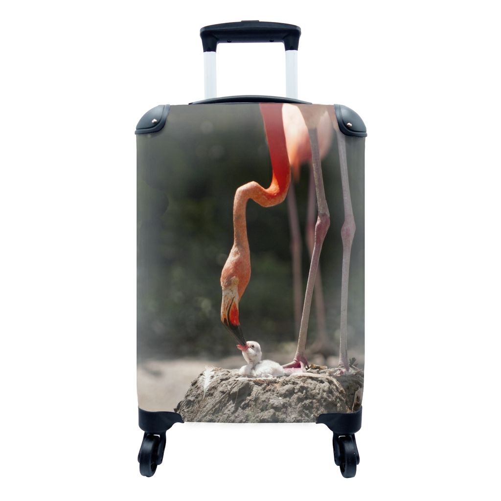 MuchoWow Koffer Handgepäck Trolley Rollkoffer Kleine Reisekoffer mit 4 Rollen - Flamingo füttert sein Küken - Cabin Size < 55x40x23 cm & 55x40...